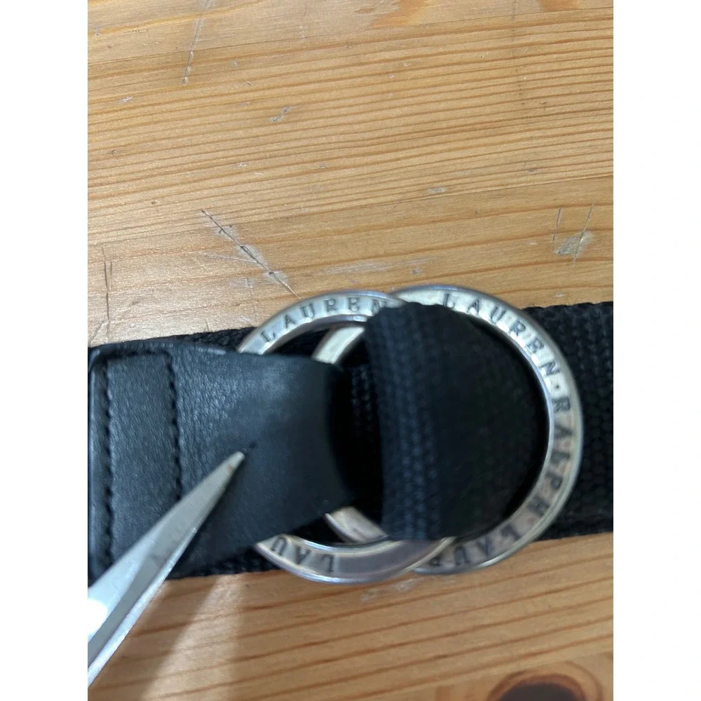Lauren Ralph Lauren Black Webbed O Ring Belt Silver Tone Classic Lux37.5 Inch